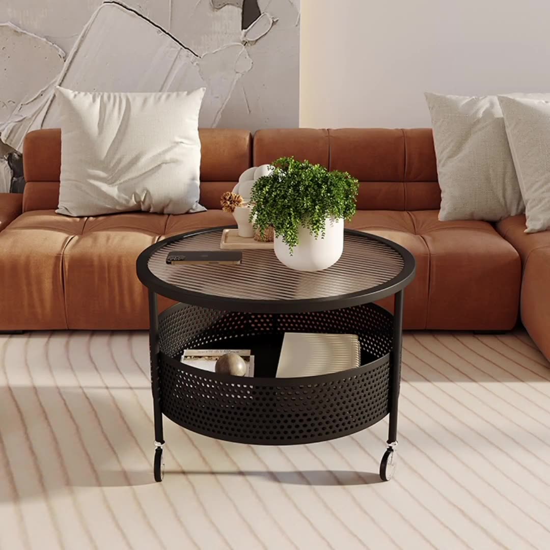 Moderner minimalistischer Glas- und Metall-Rundtisch mit 1 Ablage und Rädern für das Wohnzimmer 