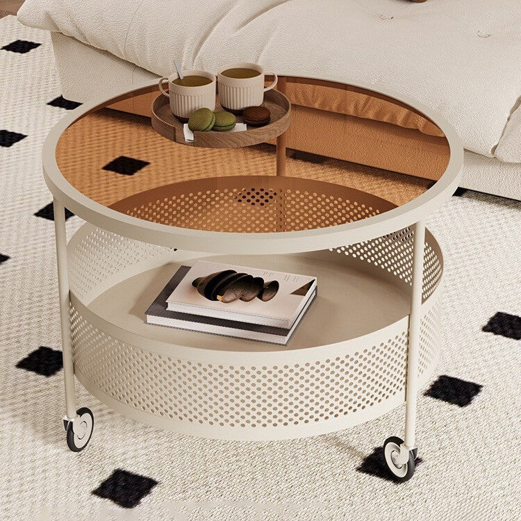 Moderner minimalistischer Glas- und Metall-Rundtisch mit 1 Ablage und Rädern für das Wohnzimmer 