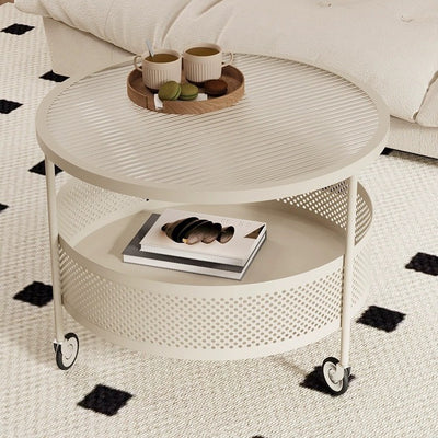 Modern Minimalist Glass & Metal Round Coffee Table With 1-Storage & Wheels For Living Room
