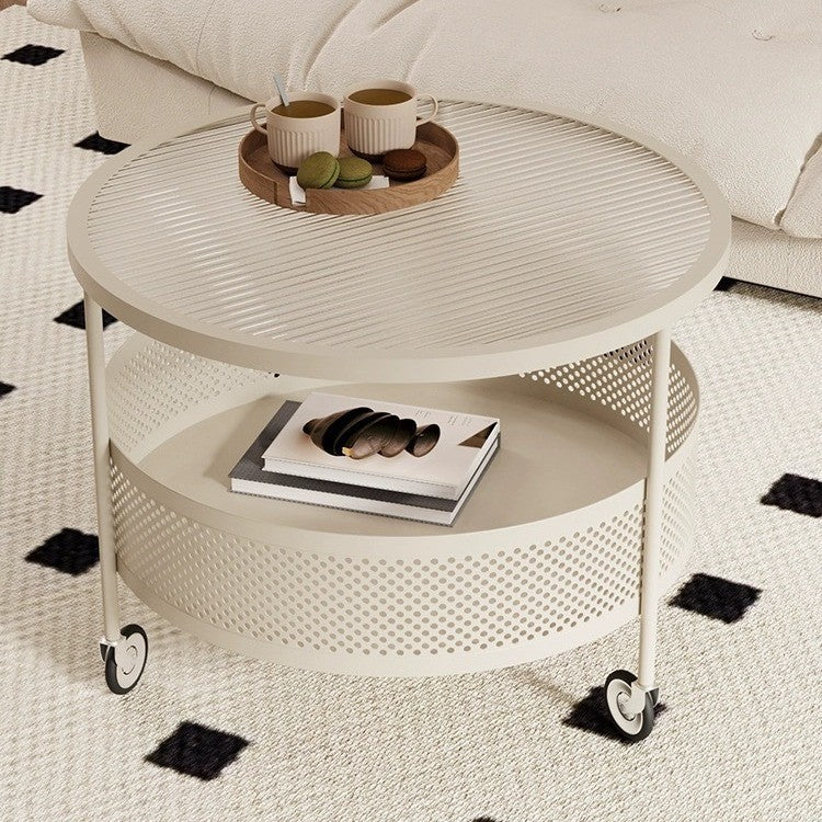 Modern Minimalist Glass & Metal Round Coffee Table With 1-Storage & Wheels For Living Room