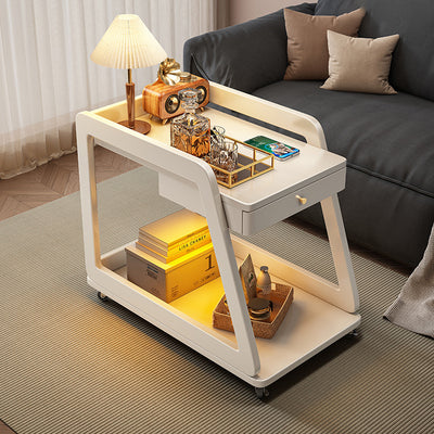 Modern Minimalist Solid Wood Rectangular Side Table With Drawer & Wheels, 2-Tier End Table For Living Room