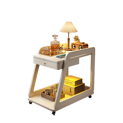 Modern Minimalist Solid Wood Rectangular Side Table With Drawer & Wheels, 2-Tier End Table For Living Room