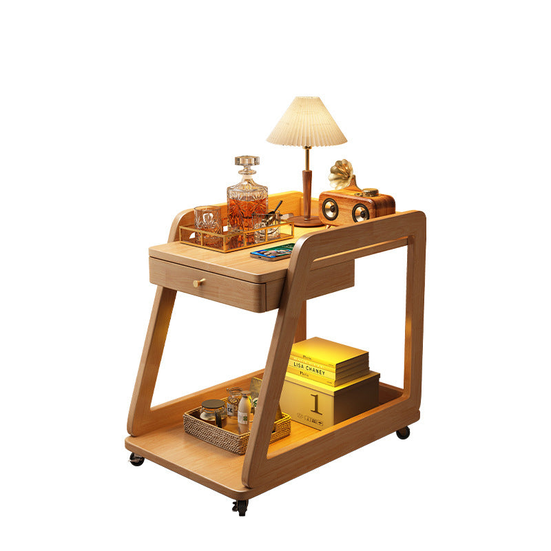 Modern Minimalist Solid Wood Rectangular Side Table With Drawer & Wheels, 2-Tier End Table For Living Room