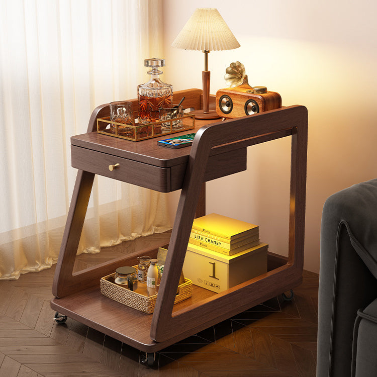 Modern Minimalist Solid Wood Rectangular Side Table With Drawer & Wheels, 2-Tier End Table For Living Room