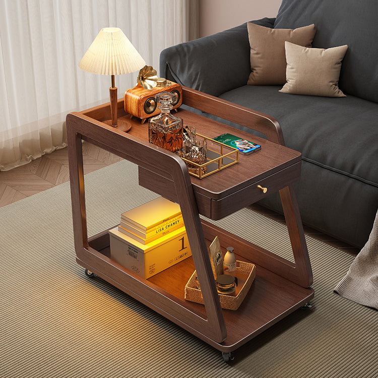 Modern Minimalist Solid Wood Rectangular Side Table With Drawer & Wheels, 2-Tier End Table For Living Room