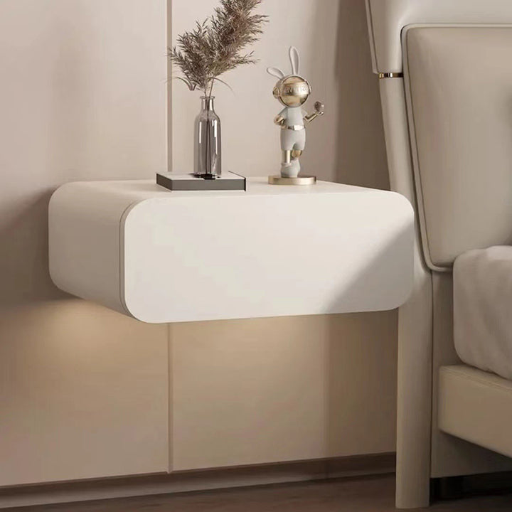 Modern Minimalist Pine Wood Faux Leather Floating Rectangular Nightstand 1-Drawer Wall-Mounted Bedside Table For Bedroom