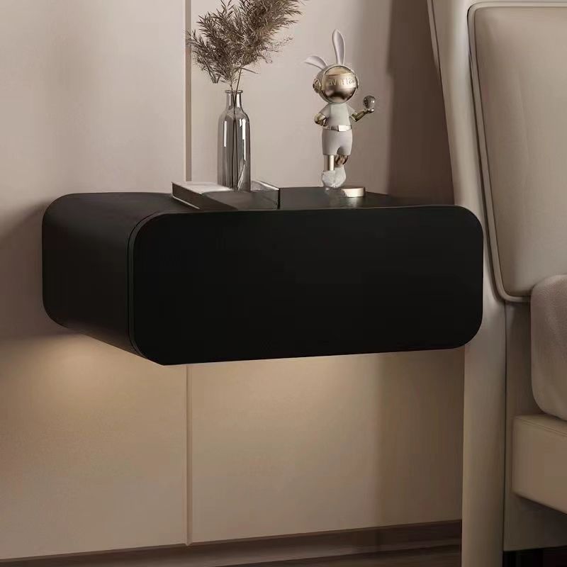 Modern Minimalist Pine Wood Faux Leather Floating Rectangular Nightstand 1-Drawer Wall-Mounted Bedside Table For Bedroom