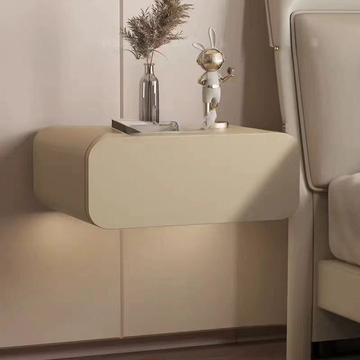 Modern Minimalist Pine Wood Faux Leather Floating Rectangular Nightstand 1-Drawer Wall-Mounted Bedside Table For Bedroom