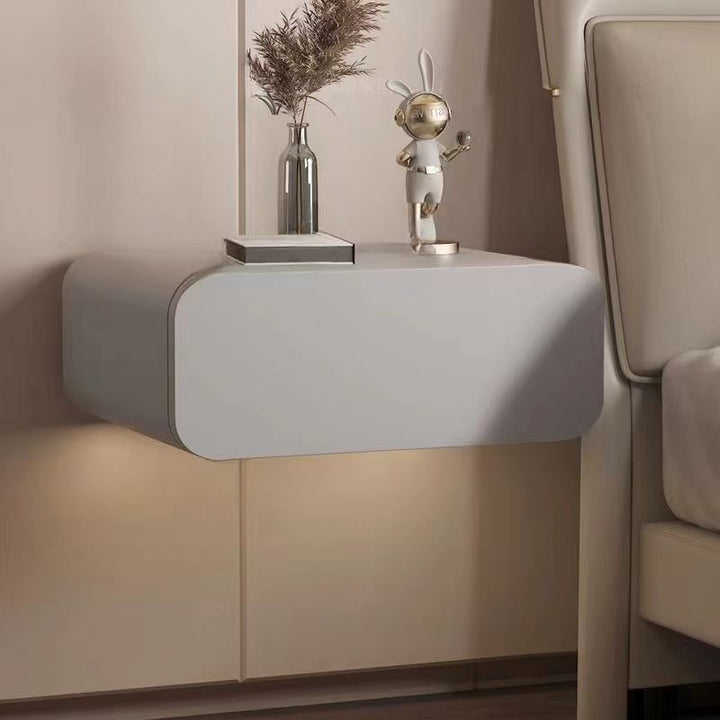 Modern Minimalist Pine Wood Faux Leather Floating Rectangular Nightstand 1-Drawer Wall-Mounted Bedside Table For Bedroom