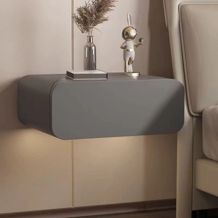Modern Minimalist Pine Wood Faux Leather Floating Rectangular Nightstand 1-Drawer Wall-Mounted Bedside Table For Bedroom
