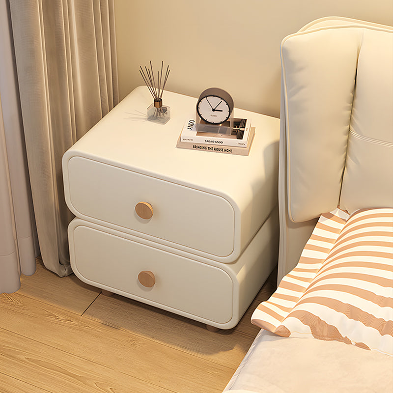 Modern Minimalist Faux Leather & Solid Wood Round Rectangular Nightstand With 2-Drawer For Bedroom