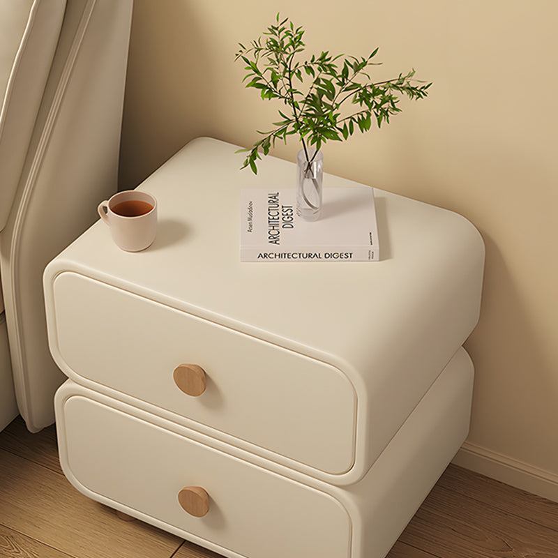 Modern Minimalist Faux Leather & Solid Wood Round Rectangular Nightstand With 2-Drawer For Bedroom