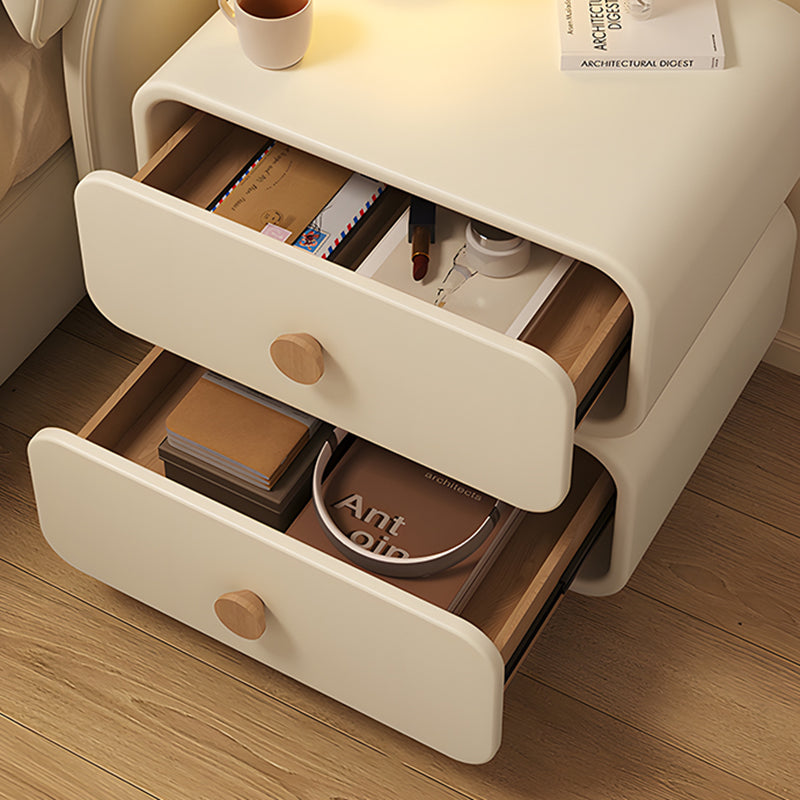 Modern Minimalist Faux Leather & Solid Wood Round Rectangular Nightstand With 2-Drawer For Bedroom