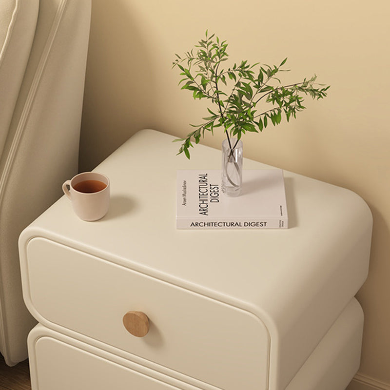 Modern Minimalist Faux Leather & Solid Wood Round Rectangular Nightstand With 2-Drawer For Bedroom