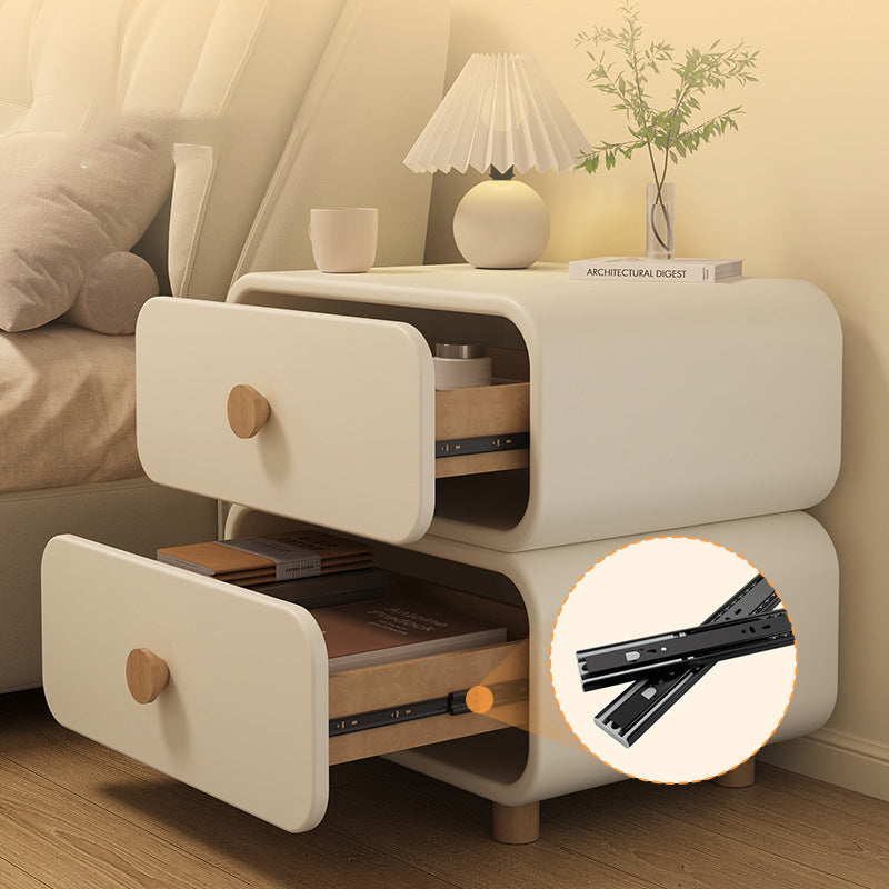 Modern Minimalist Faux Leather & Solid Wood Round Rectangular Nightstand With 2-Drawer For Bedroom