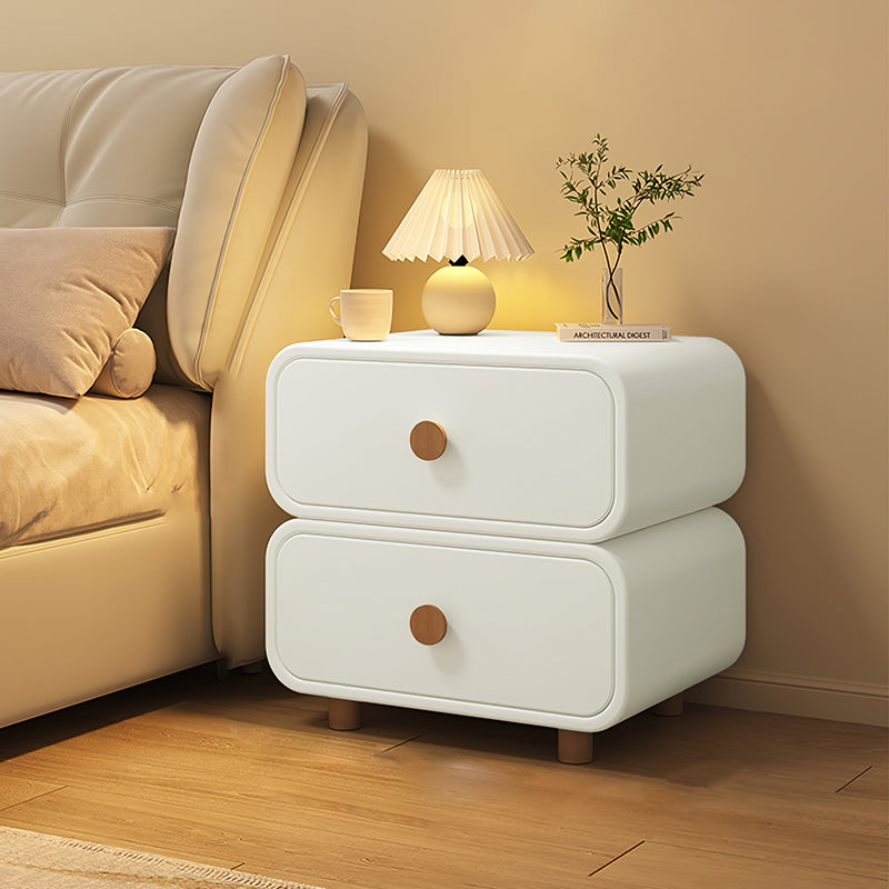 Modern Minimalist Faux Leather & Solid Wood Round Rectangular Nightstand With 2-Drawer For Bedroom