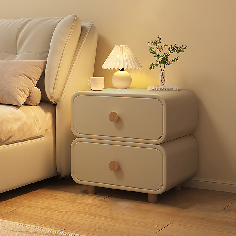 Modern Minimalist Faux Leather & Solid Wood Round Rectangular Nightstand With 2-Drawer For Bedroom