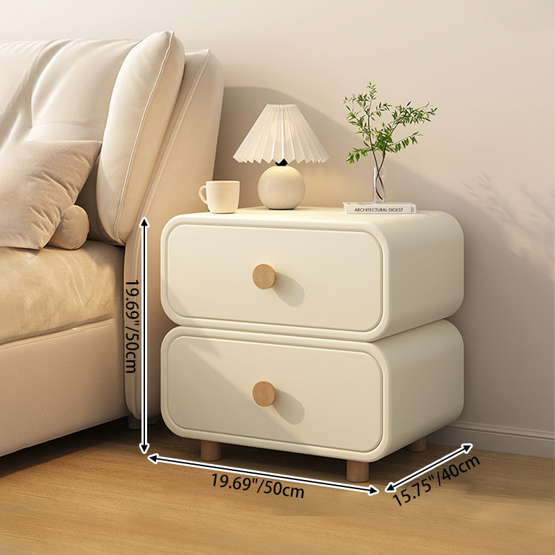 Modern Minimalist Faux Leather & Solid Wood Round Rectangular Nightstand With 2-Drawer For Bedroom