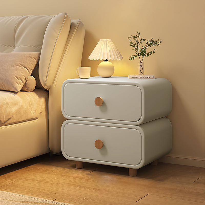 Modern Minimalist Faux Leather & Solid Wood Round Rectangular Nightstand With 2-Drawer For Bedroom