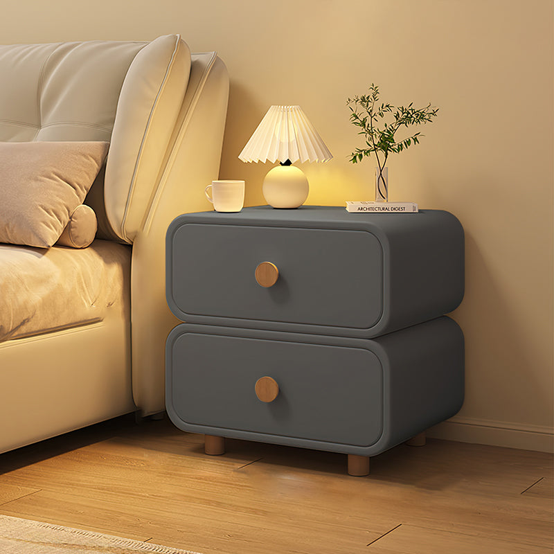 Modern Minimalist Faux Leather & Solid Wood Round Rectangular Nightstand With 2-Drawer For Bedroom