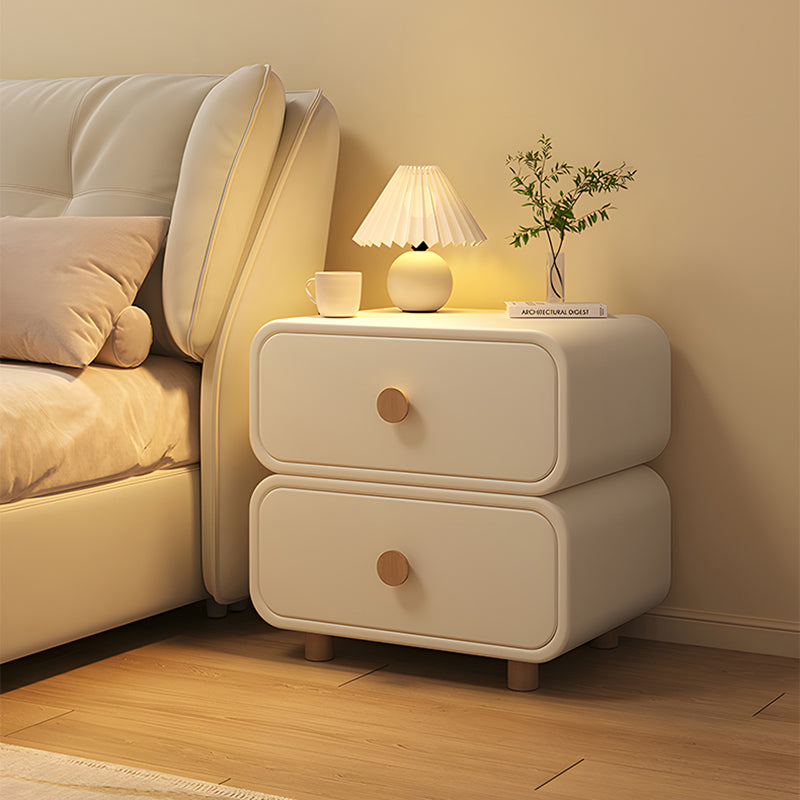 Modern Minimalist Faux Leather & Solid Wood Round Rectangular Nightstand With 2-Drawer For Bedroom