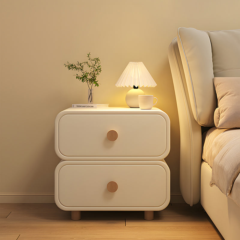 Modern Minimalist Faux Leather & Solid Wood Round Rectangular Nightstand With 2-Drawer For Bedroom