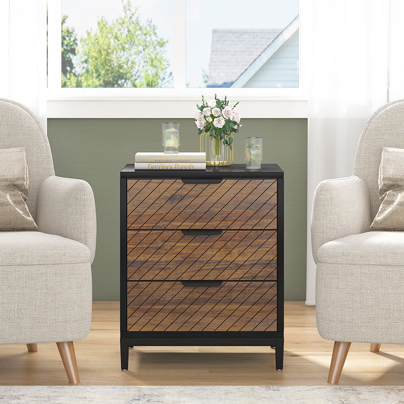 Modern Minimalist Solid Wood Rectangular Nightstand With 3-Drawer For Bedroom