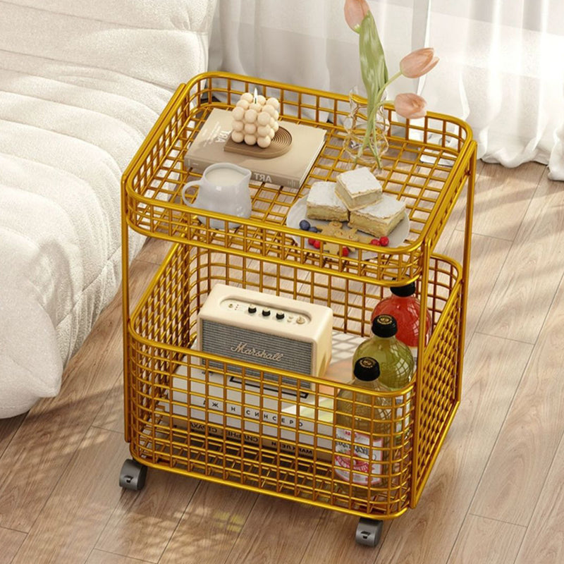 Modern Minimalist Iron Hollow Rectangular End Table With 1-Storage & Wheels For Living Room