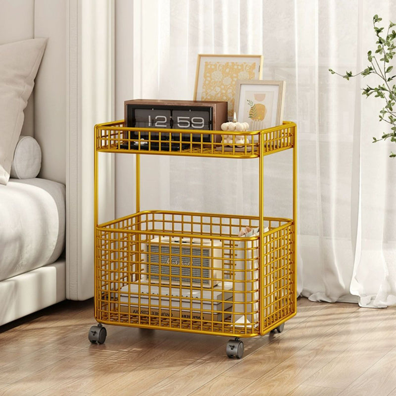 Modern Minimalist Iron Hollow Rectangular End Table With 1-Storage & Wheels For Living Room