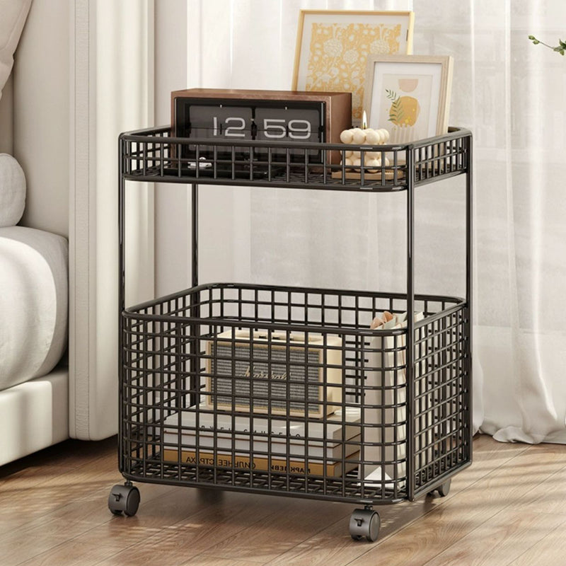 Modern Minimalist Iron Hollow Rectangular End Table With 1-Storage & Wheels For Living Room