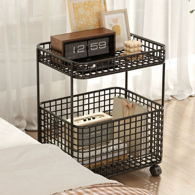 Modern Minimalist Iron Hollow Rectangular End Table With 1-Storage & Wheels For Living Room
