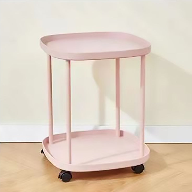 Modern Minimalist Plastic Rounded Square End Table With 2-Tier & Wheels For Living Room