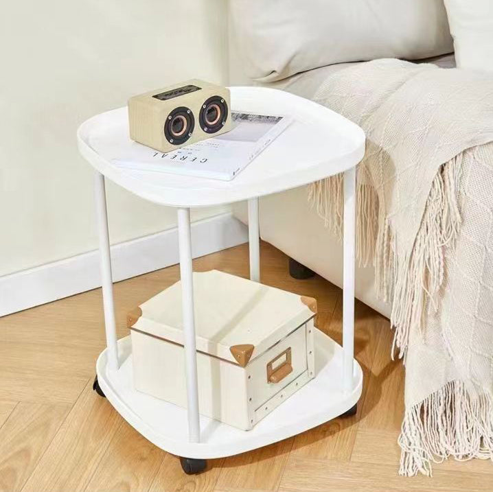 Modern Minimalist Plastic Rounded Square End Table With 2-Tier & Wheels For Living Room