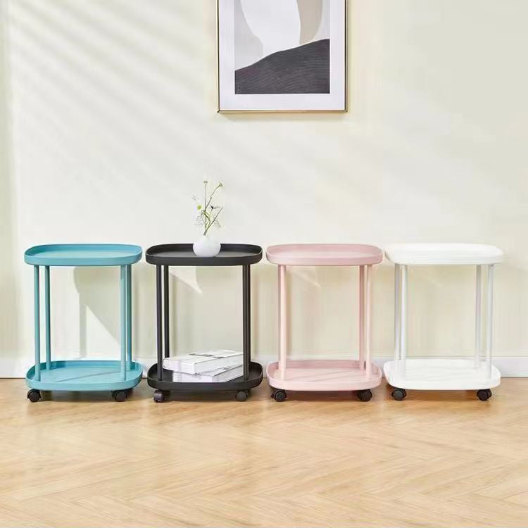 Modern Minimalist Plastic Rounded Square End Table With 2-Tier & Wheels For Living Room