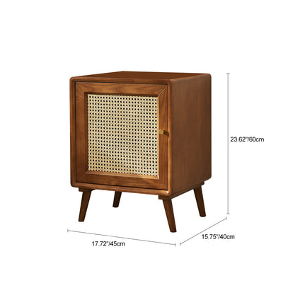 Modern Mid-Century Solid Wood & Rattan Rectangular Nightstand 1-Storage For Bedroom