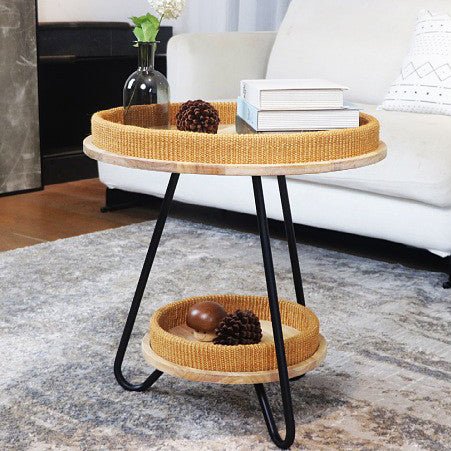 Contemporary Nordic Iron Rattan &amp; Solid Wood Round Coffee Table 2-Tier For Living Room