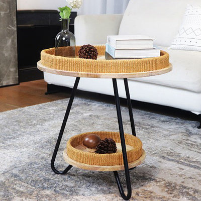 Contemporary Nordic Iron Rattan & Solid Wood Round Coffee Table 2-Tier For Living Room