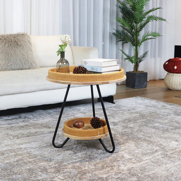 Contemporary Nordic Iron Rattan &amp; Solid Wood Round Coffee Table 2-Tier For Living Room
