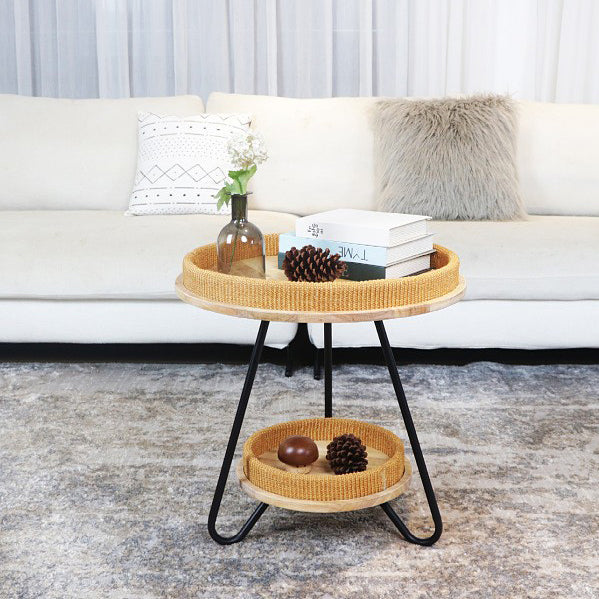 Contemporary Nordic Iron Rattan & Solid Wood Round Coffee Table 2-Tier For Living Room