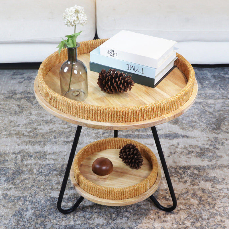 Contemporary Nordic Iron Rattan & Solid Wood Round Coffee Table 2-Tier For Living Room