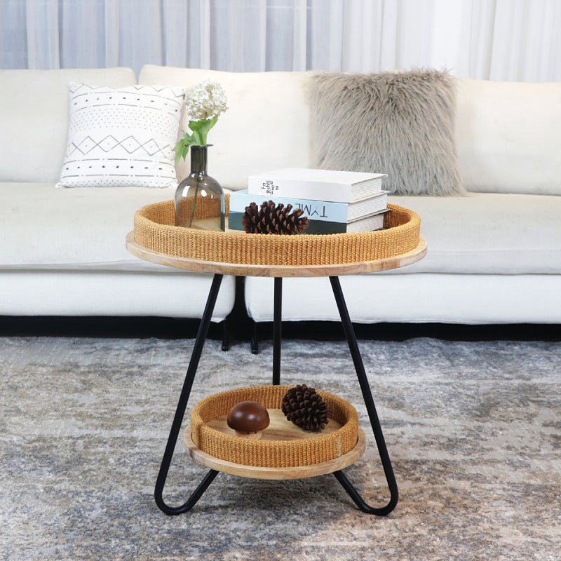 Contemporary Nordic Iron Rattan & Solid Wood Round Coffee Table 2-Tier For Living Room