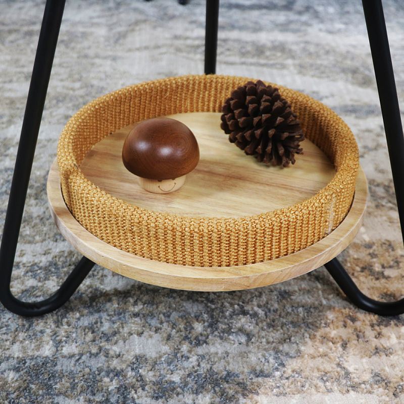 Contemporary Nordic Iron Rattan & Solid Wood Round Coffee Table 2-Tier For Living Room