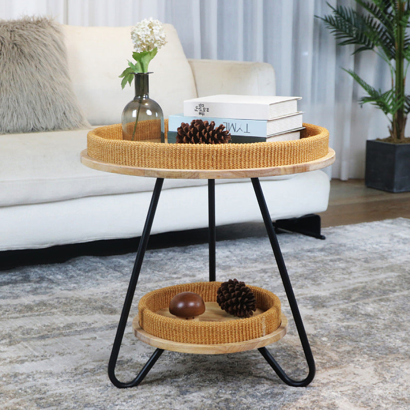 Contemporary Nordic Iron Rattan &amp; Solid Wood Round Coffee Table 2-Tier For Living Room