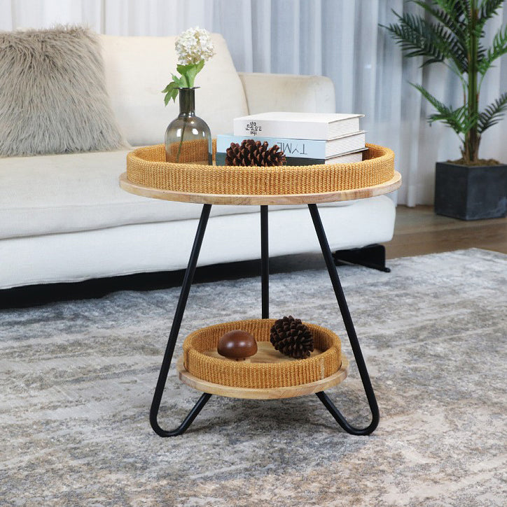 Contemporary Nordic Iron Rattan &amp; Solid Wood Round Coffee Table 2-Tier For Living Room