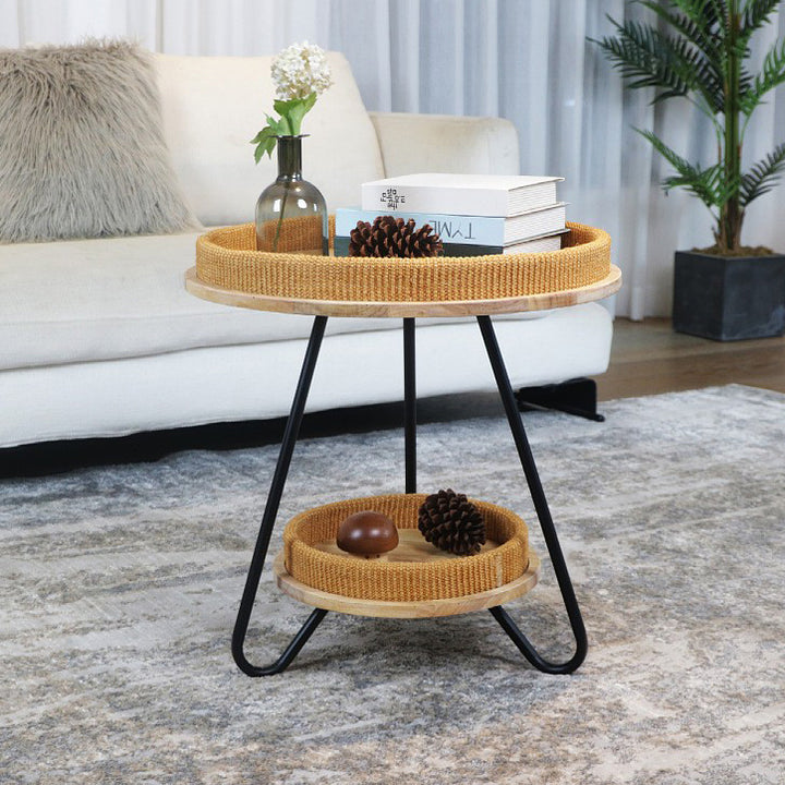 Contemporary Nordic Iron Rattan &amp; Solid Wood Round Coffee Table 2-Tier For Living Room