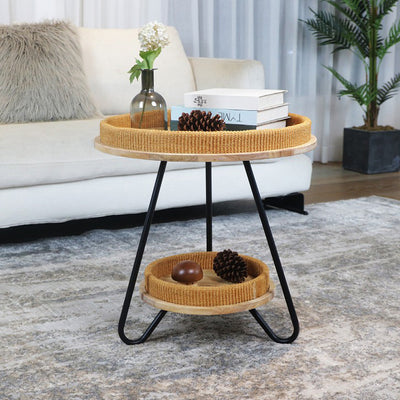 Contemporary Nordic Iron Rattan & Solid Wood Round Coffee Table 2-Tier For Living Room