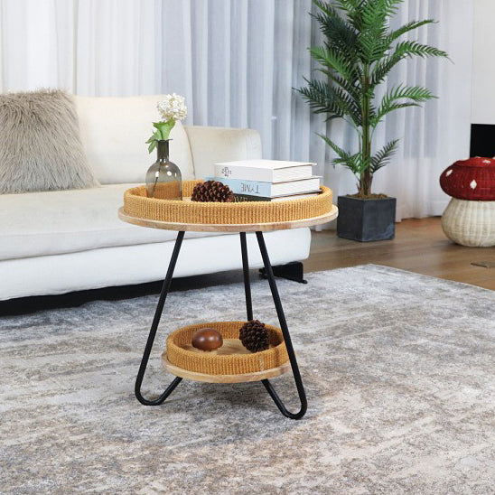 Contemporary Nordic Iron Rattan &amp; Solid Wood Round Coffee Table 2-Tier For Living Room