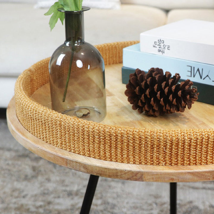 Contemporary Nordic Iron Rattan &amp; Solid Wood Round Coffee Table 2-Tier For Living Room