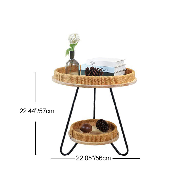 Contemporary Nordic Iron Rattan & Solid Wood Round Coffee Table 2-Tier For Living Room