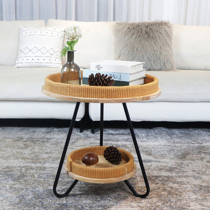 Contemporary Nordic Iron Rattan &amp; Solid Wood Round Coffee Table 2-Tier For Living Room